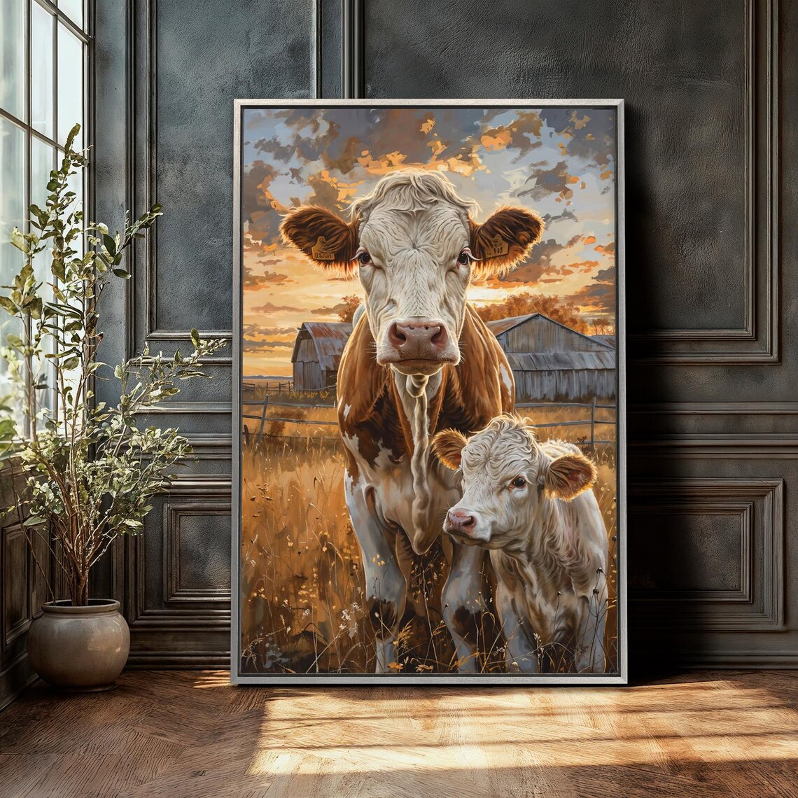 Cow And Calf Grazing Meadow Art Print, Rustic Farm Life - Image 4
