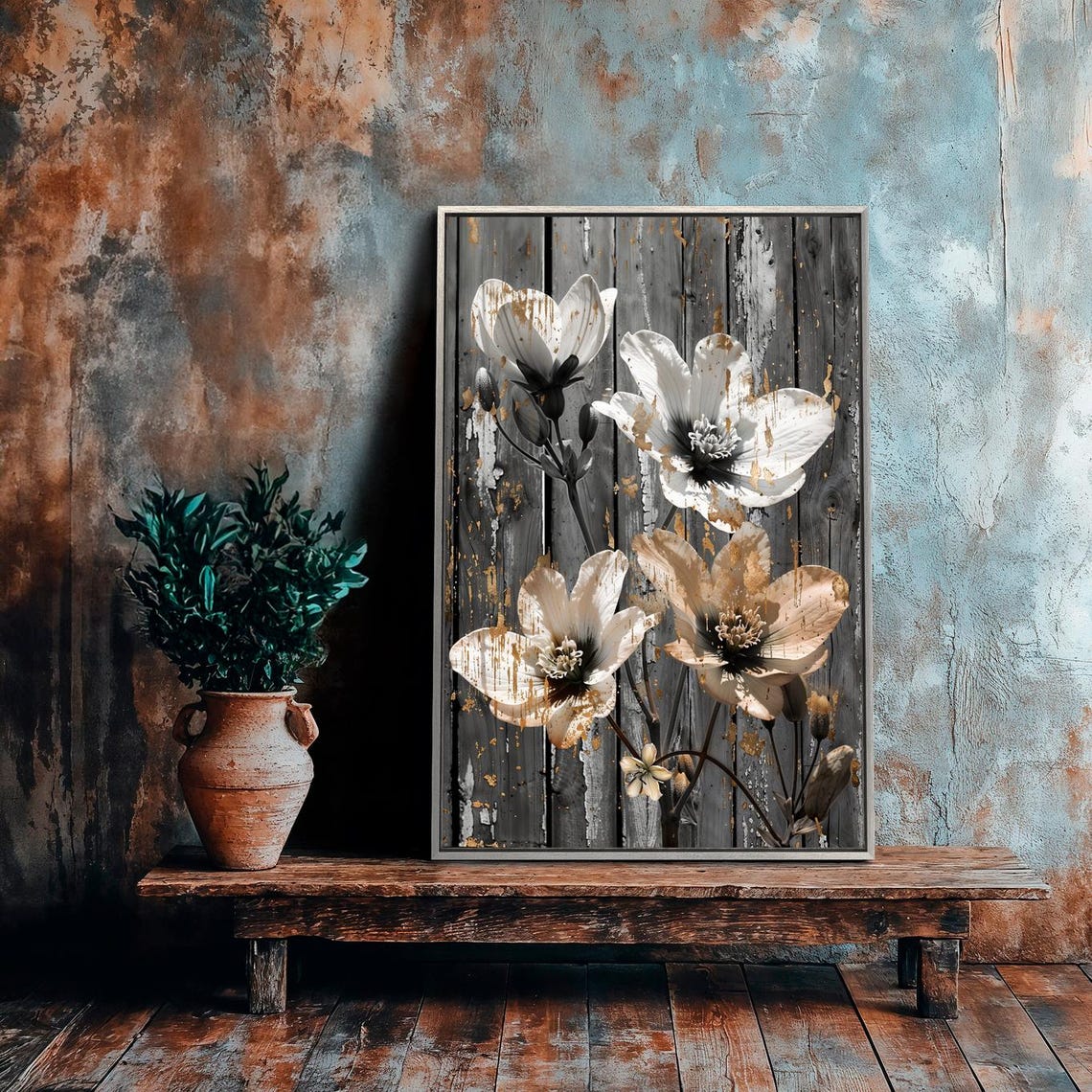 Distressed White Floral Vintage Botanical Gold Accents Art Poster - Image 5
