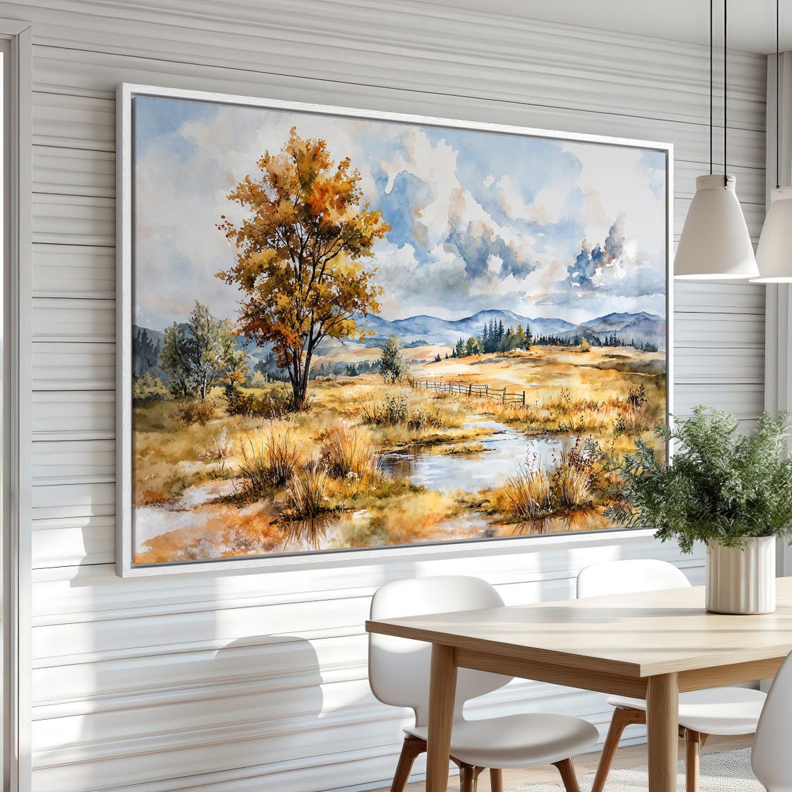Golden Autumn Lone Tree Watercolor Stream Meadow Landscape Poster - Image 3