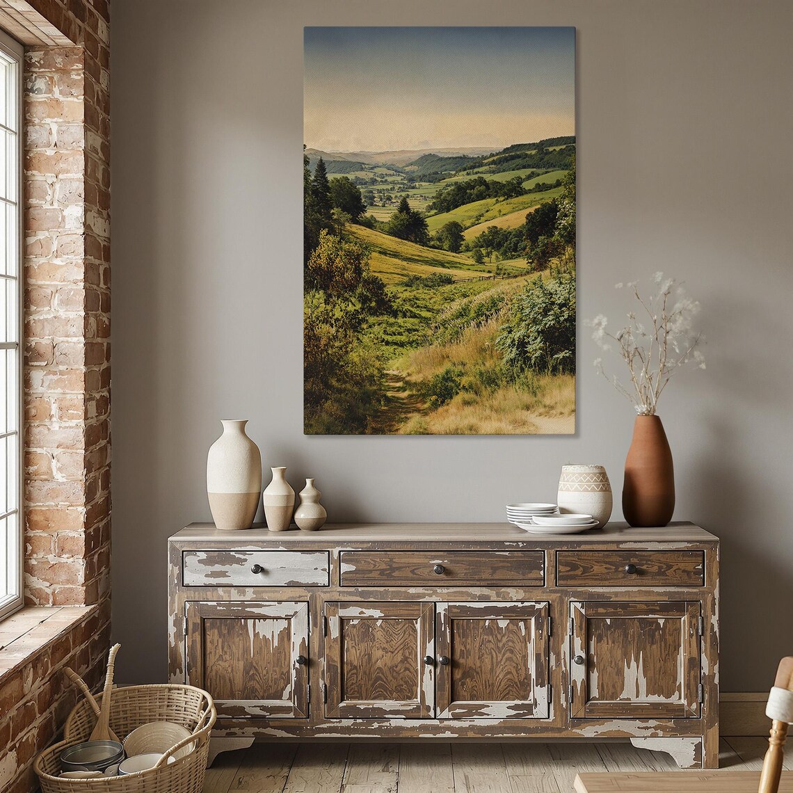 Serene Golden Rolling Hills Countryside Valley Painting Poster
