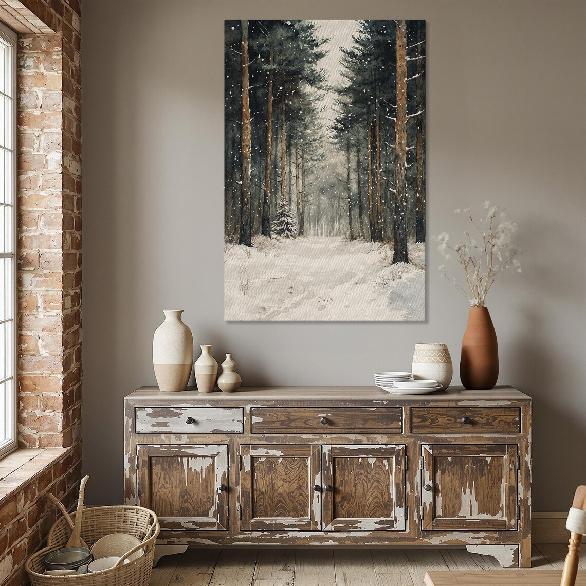 Winter Forest Scene Rustic Snowy Landscape Art Print