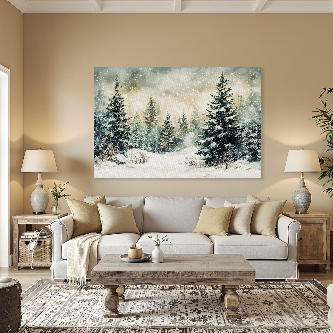 Snowy Forest Landscape Art Print, Rustic Winter Scenery