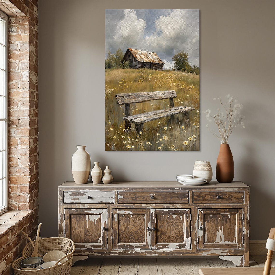 Old Weathered Bench Wildflower Meadow Barn Rustic Canvas Wall Art