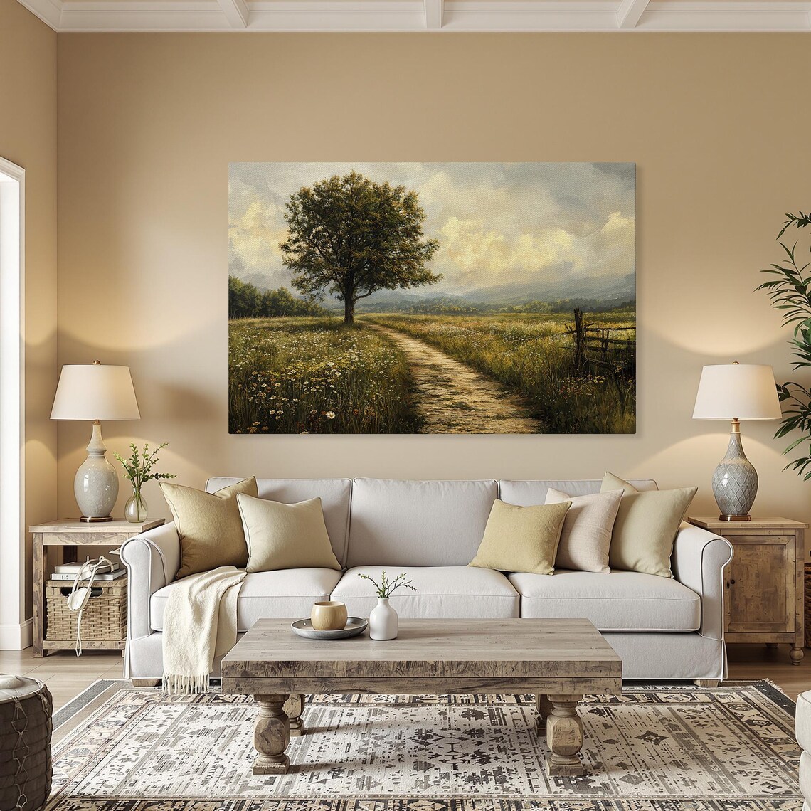 Country Path Lone Tree Flowering Meadow Vintage Landscape Wall Art