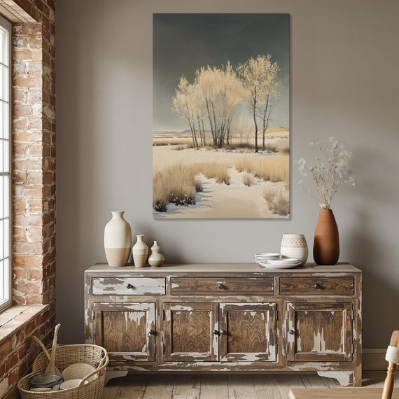 Winter Landscape Framed Canvas Print Tranquil Nature Scene Painting Snowy Trees Rustic Country Art Office Decor Ready To Hang