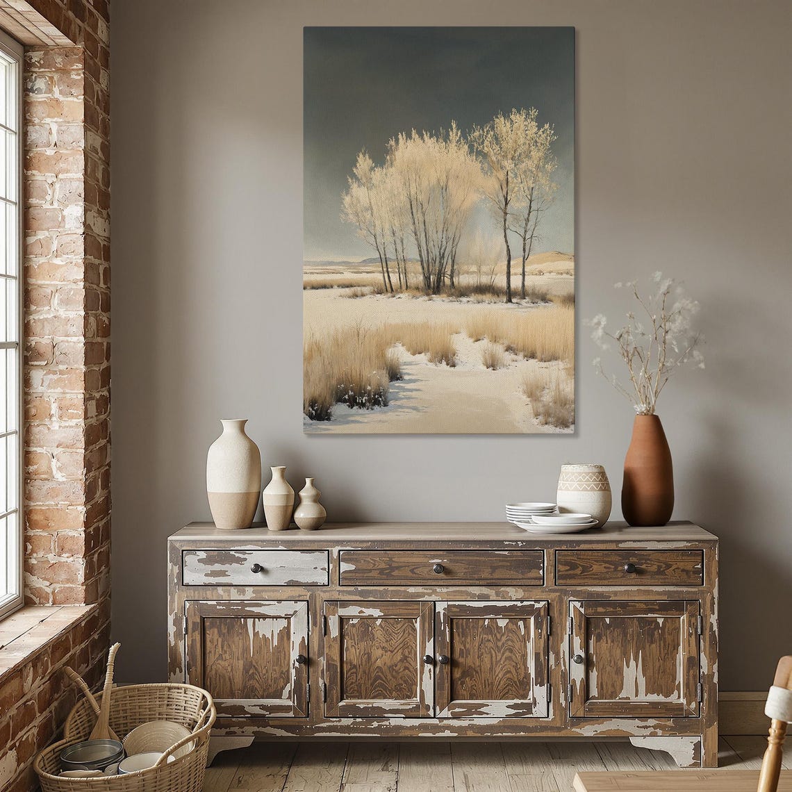 Golden Winter Field Trees Quiet Landscape Rustic Canvas Poster