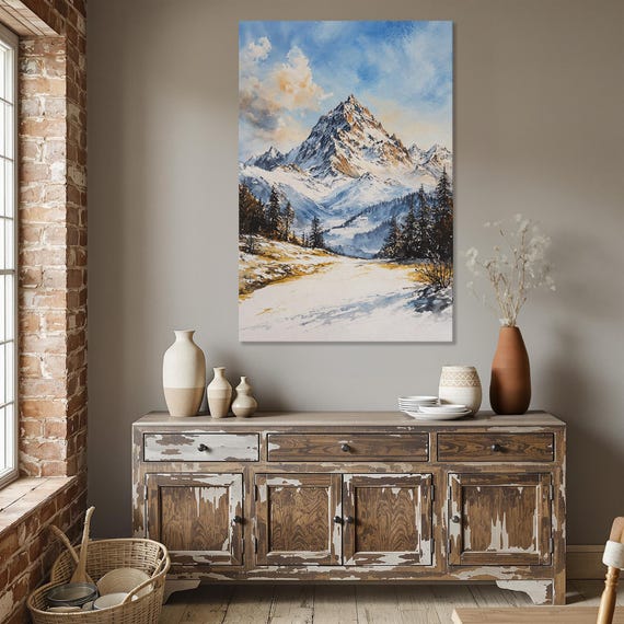 Majestic Winter Mountain Scene Snowy Peaks And Forest Landscape Framed Canvas Print Rustic Wall Art Home Decor Ready To Hang Gift