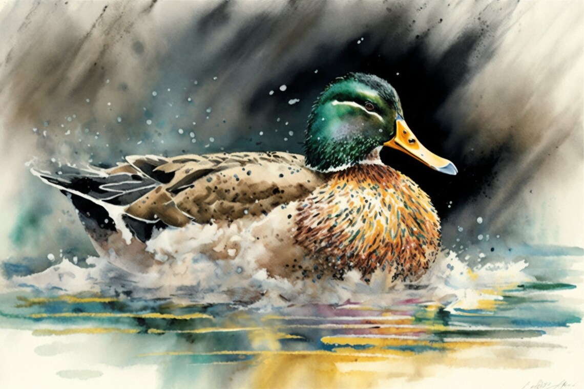 Mallard Duck Watercolor Swimming Pond Ripples Bird Wall Art Poster