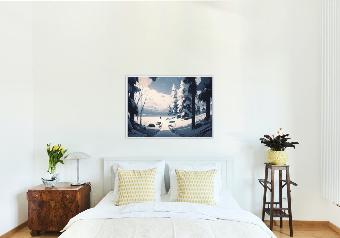 Snowy Pine Forest Lake Winter Landscape Serene Blue Tones Poster - Image 3