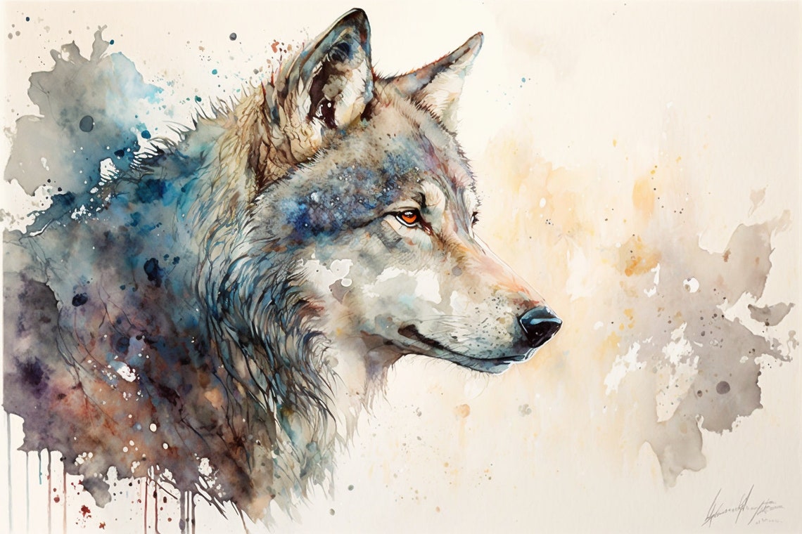 Wolf Profile Watercolor Blue Splash Grey Wild Animal Art Poster