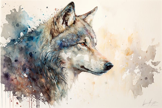 Wolf Profile Watercolor Blue Splash Grey Wild Animal Art Poster