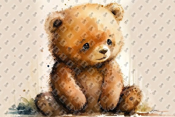 Cute Baby Bear Cub Watercolor Golden Soft Nursery Animal Art Poster