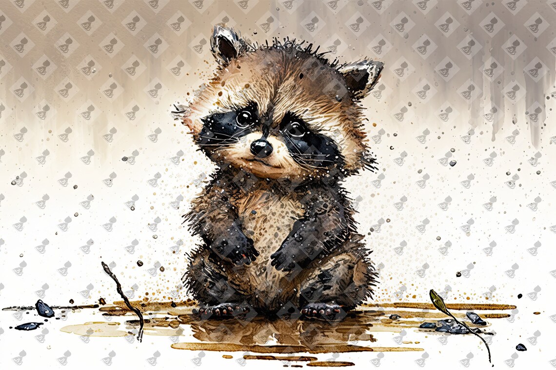 Cute Baby Raccoon Watercolor Puddle Playful Nursery Animal Wall Art