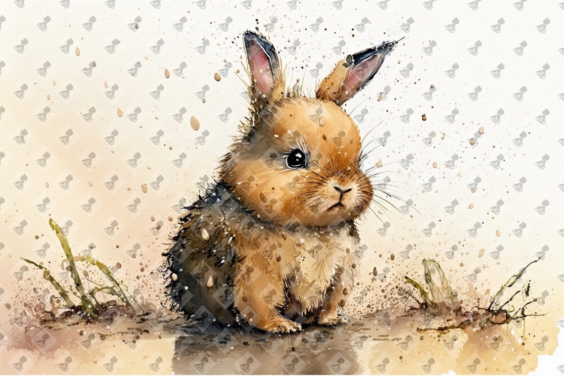 Cute Baby Bunny Rabbit Watercolor Rain Nursery Animal Art Poster