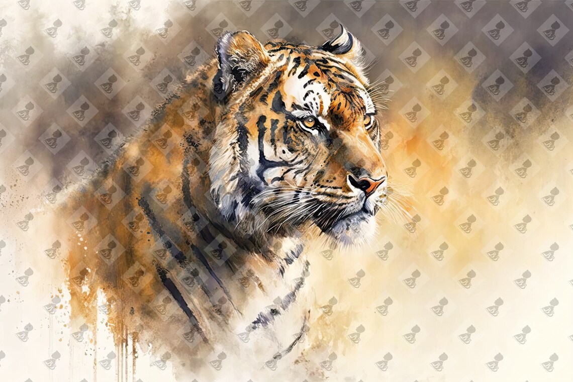 Tiger Golden Watercolor Portrait Wild Big Cat Wildlife Art Poster