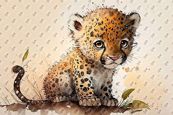 Baby Leopard Cub Watercolor Big Eyes Cute Nursery Animal Wall Art Poster