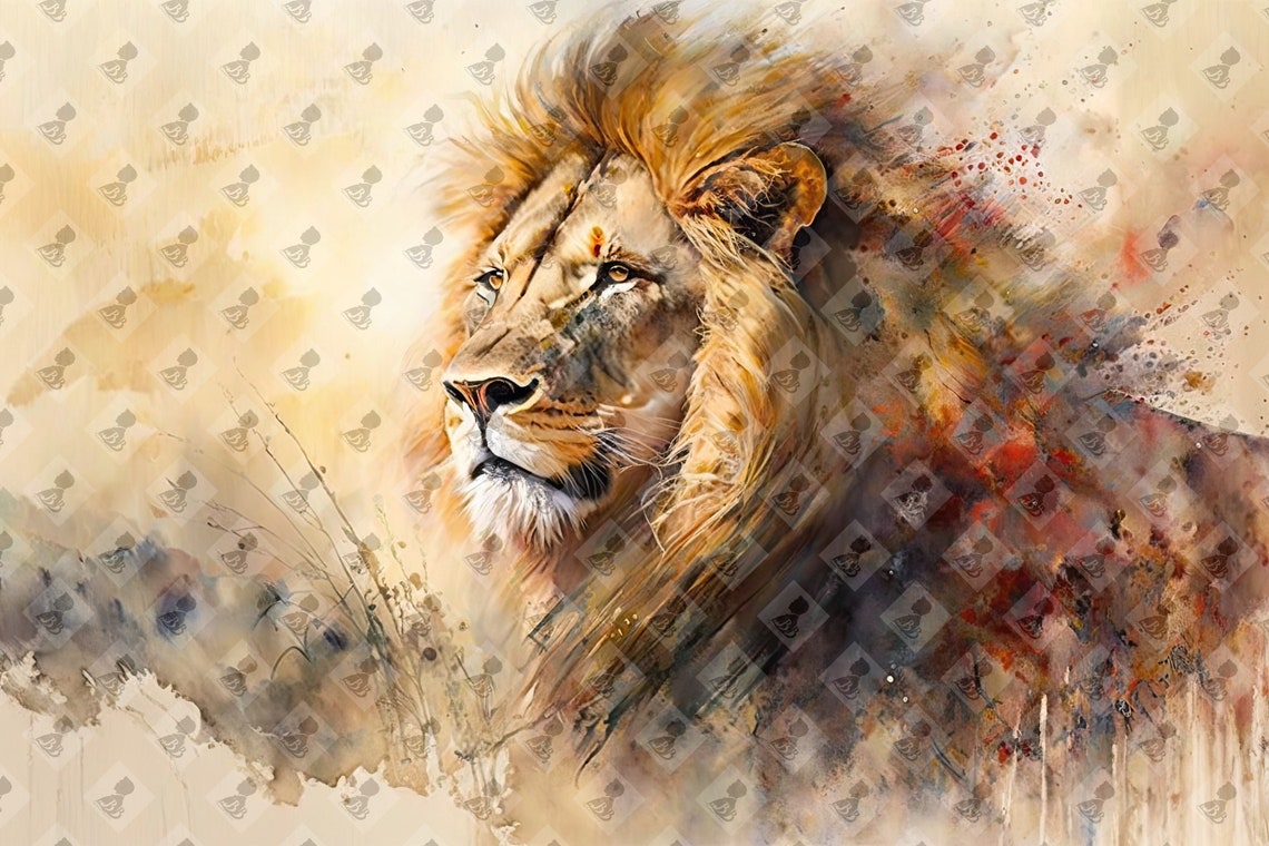 Watercolor Lion Profile Golden Expressive Wildlife Art Poster