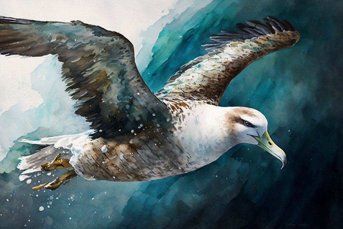 Albatross Soaring Ocean Waves Watercolor Seabird Wall Art Poster