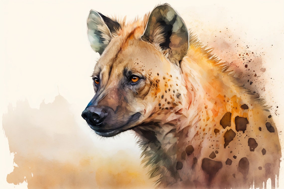 Spotted Hyena Head Profile Warm Amber Watercolor Wildlife Poster