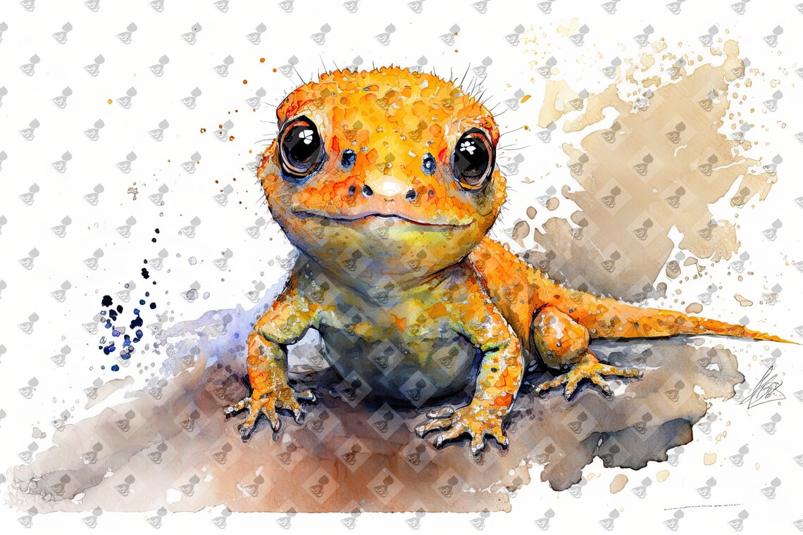 Cute Baby Orange Salamander Watercolor Nursery Animal Art Poster