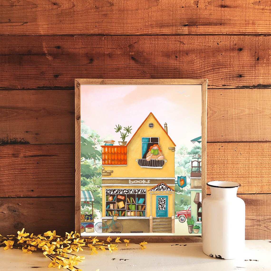 Whimsical Bookshop Watercolor Reader Upstairs Window Sale Sign Book Lover Poster - Image 3