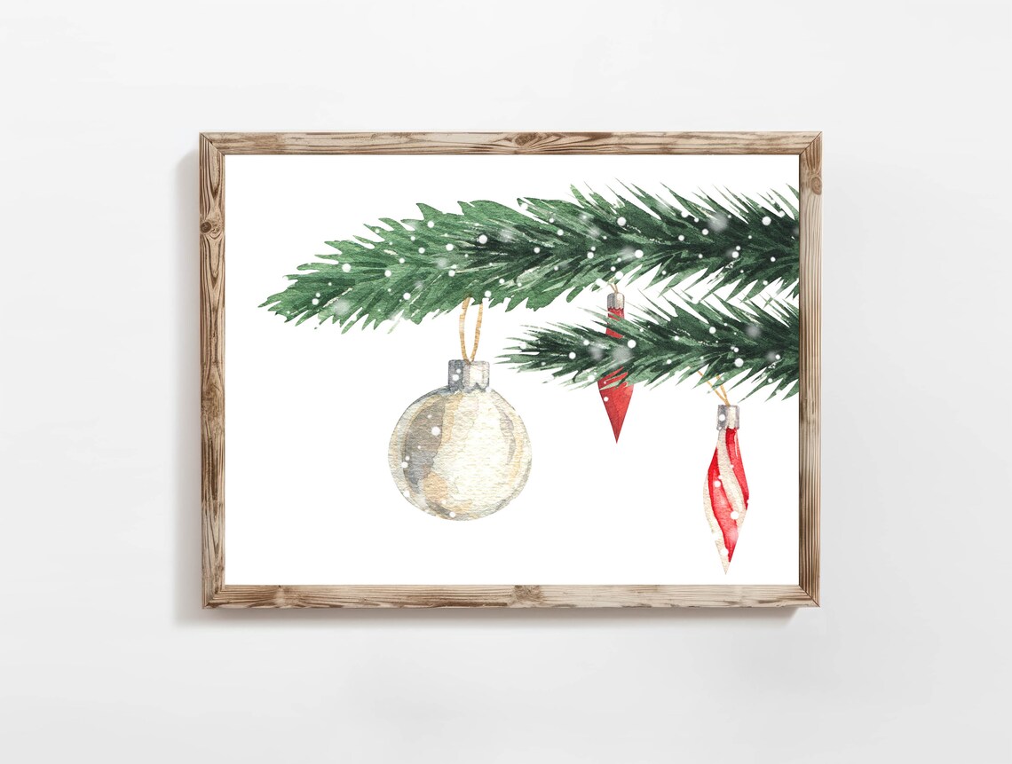 Watercolor Christmas Tree Branch Ornaments Snowy Minimalist Poster - Image 2