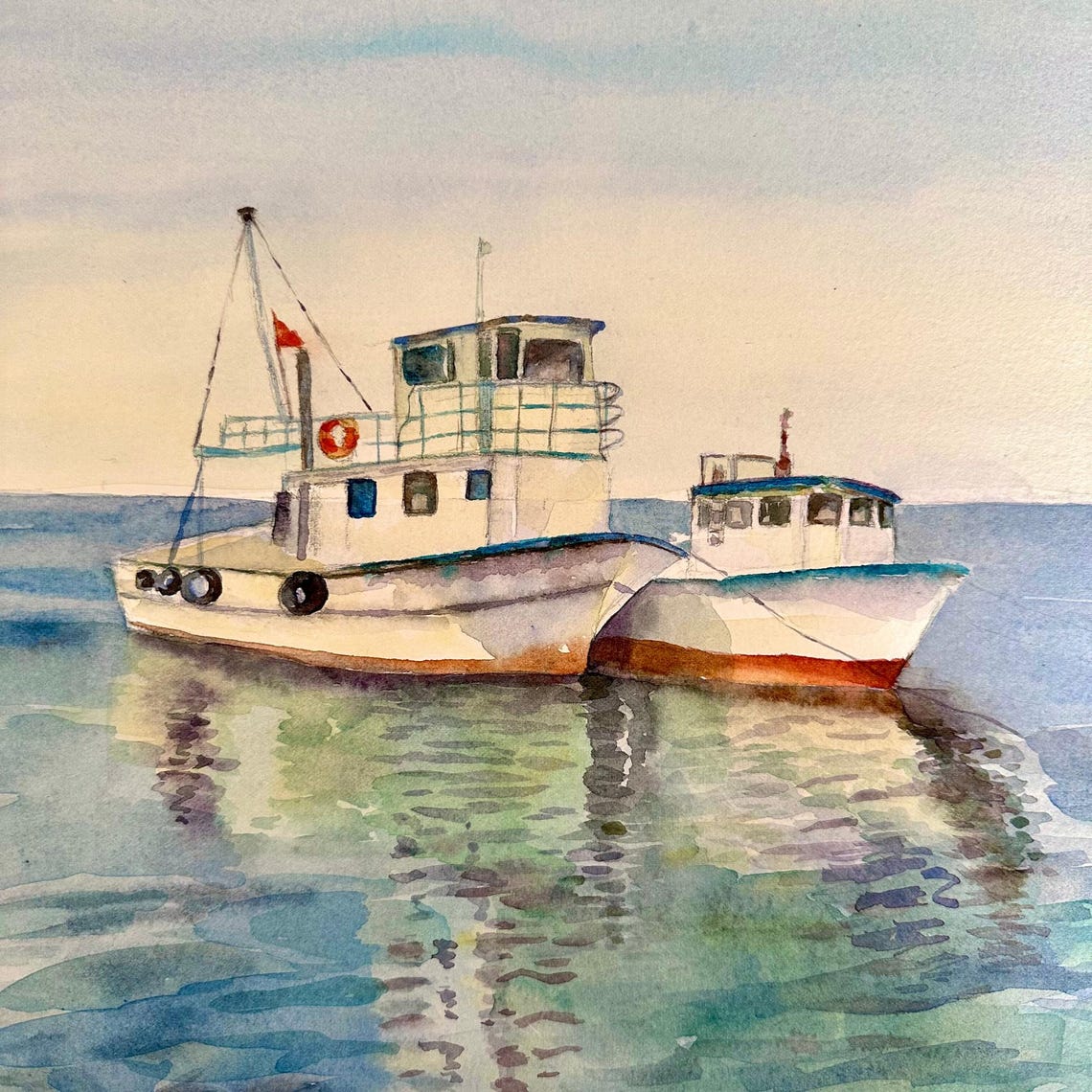 Sea Landscape Watercolor Painting Original Watercolor Art Handmade Watercolor Fishing Boat Painting Aquarelle Original 10x14 In - Image 3