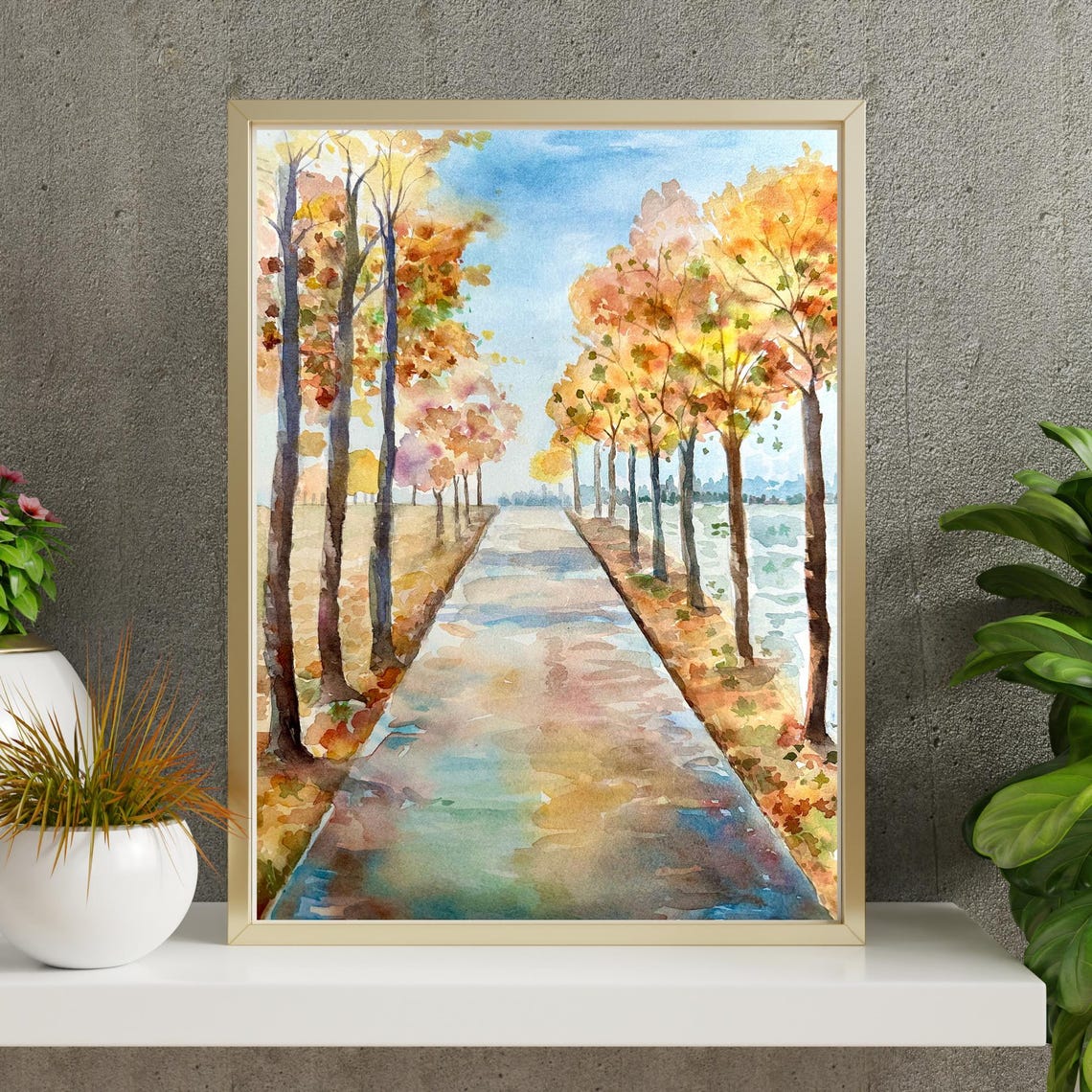 Autumn Tree Lined Path Beside a River Watercolor Landscape Poster - Image 6
