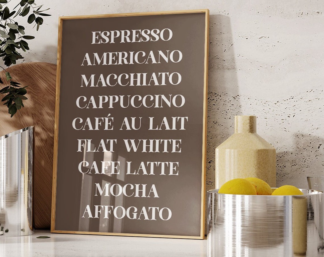 Coffee Drinks List Menu Taupe Brown Minimalist Typography Wall Art