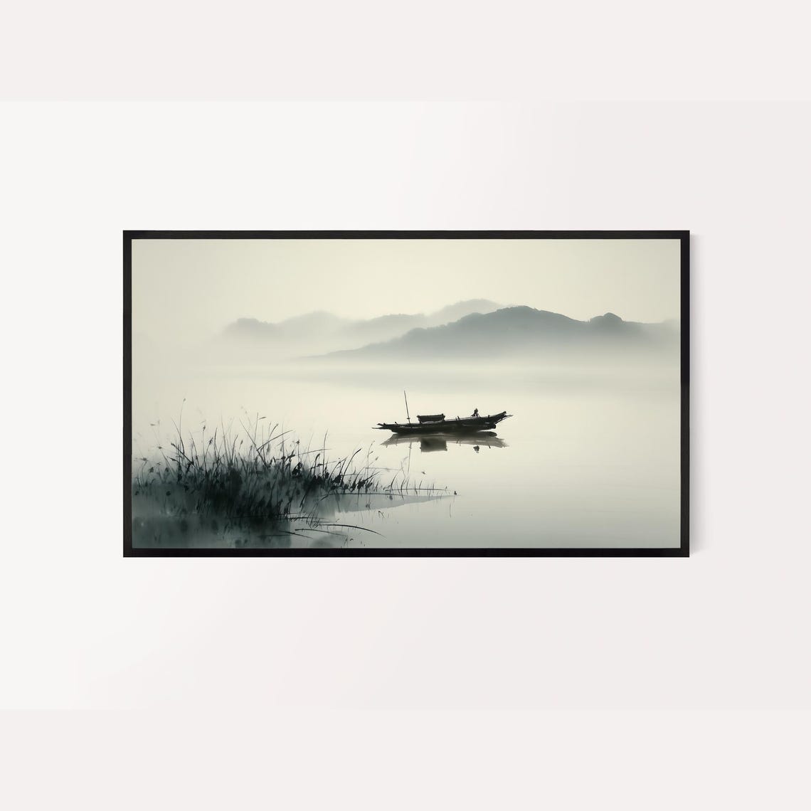 Lone Boat On Misty Lake Korean Ink Wash Painting Zen Wall Art