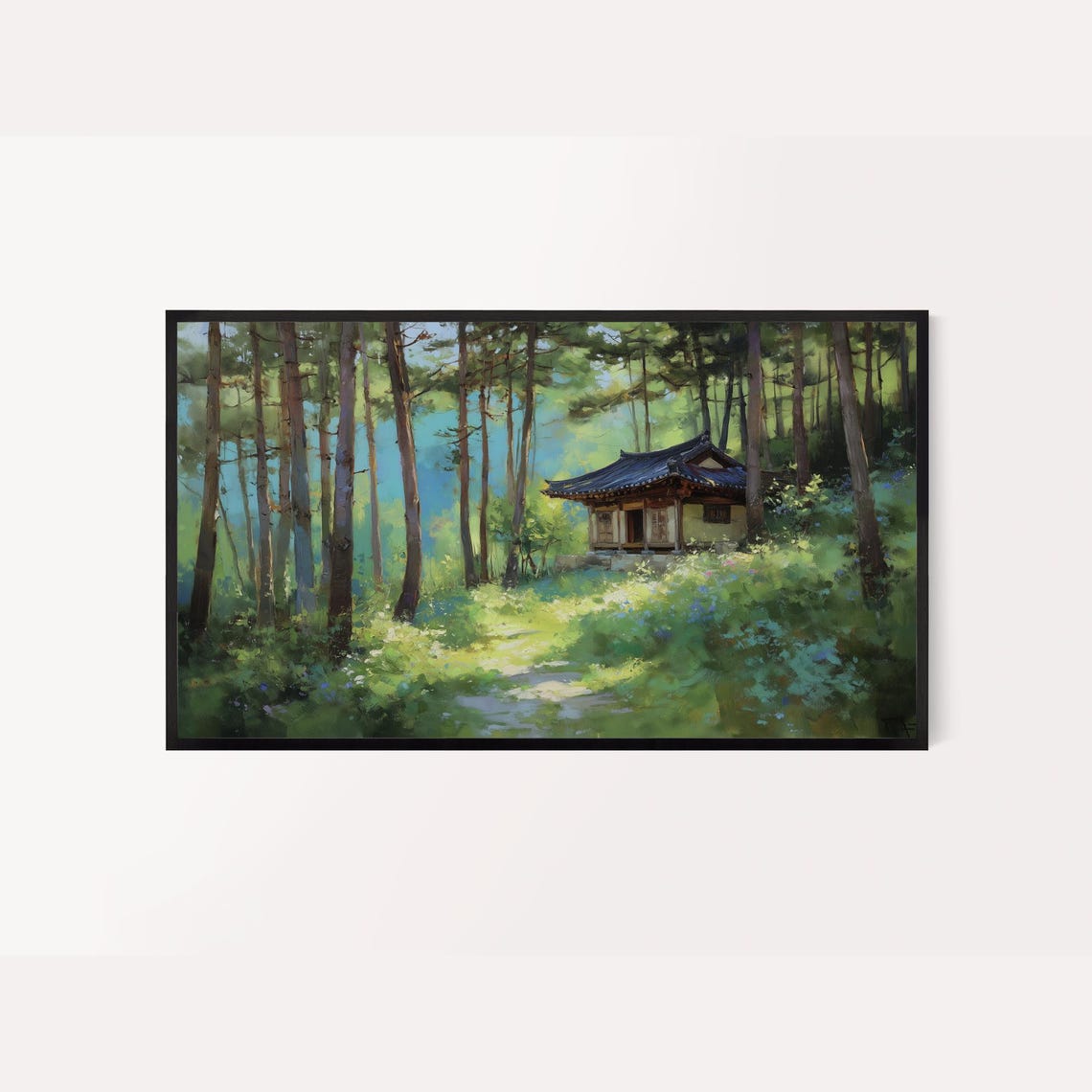 Korean Forest Path Spring Pavilion Sunlit Pine Woods Landscape Poster