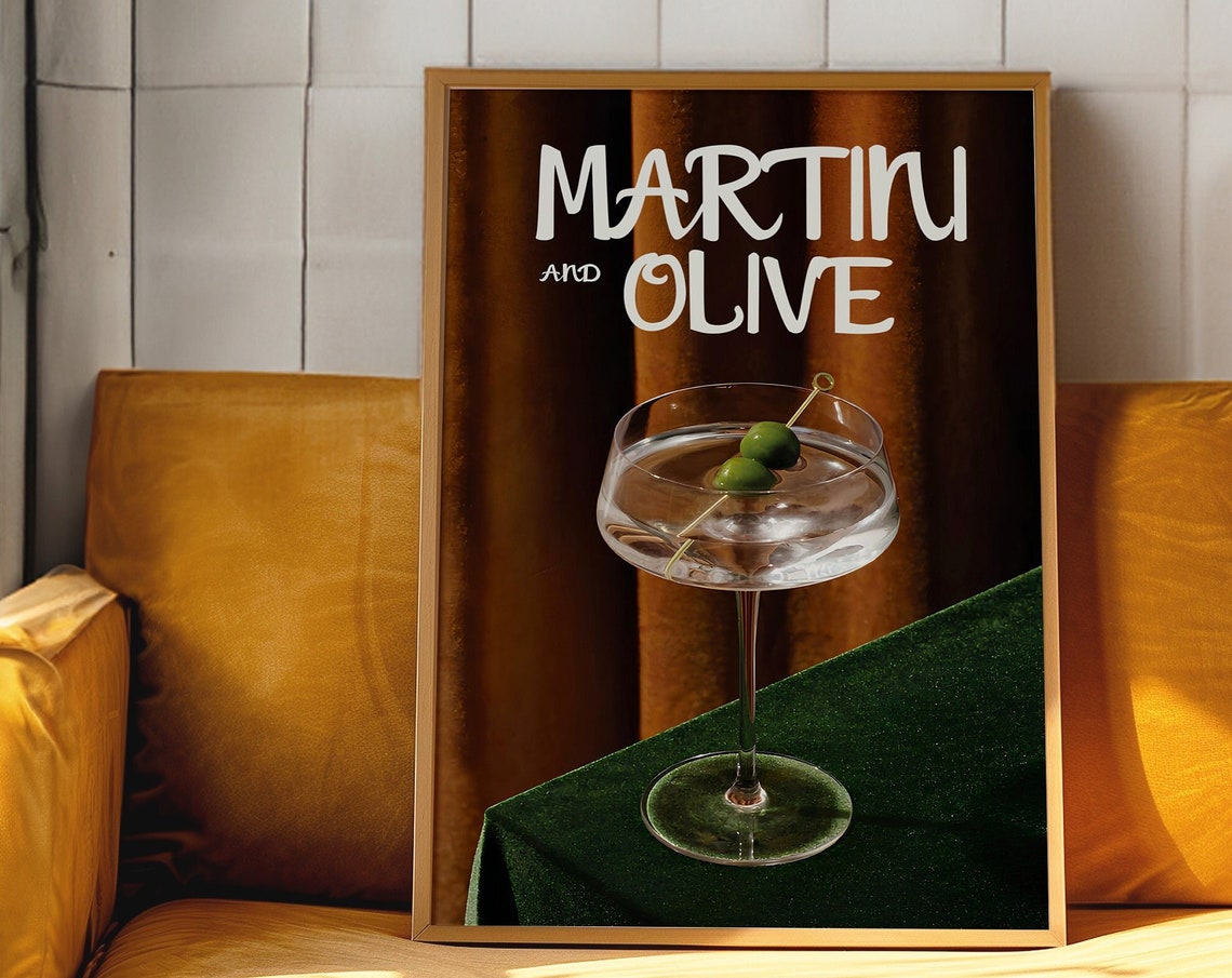 Retro Martini and Olive Cocktail Glass Vintage Bar Scene Poster