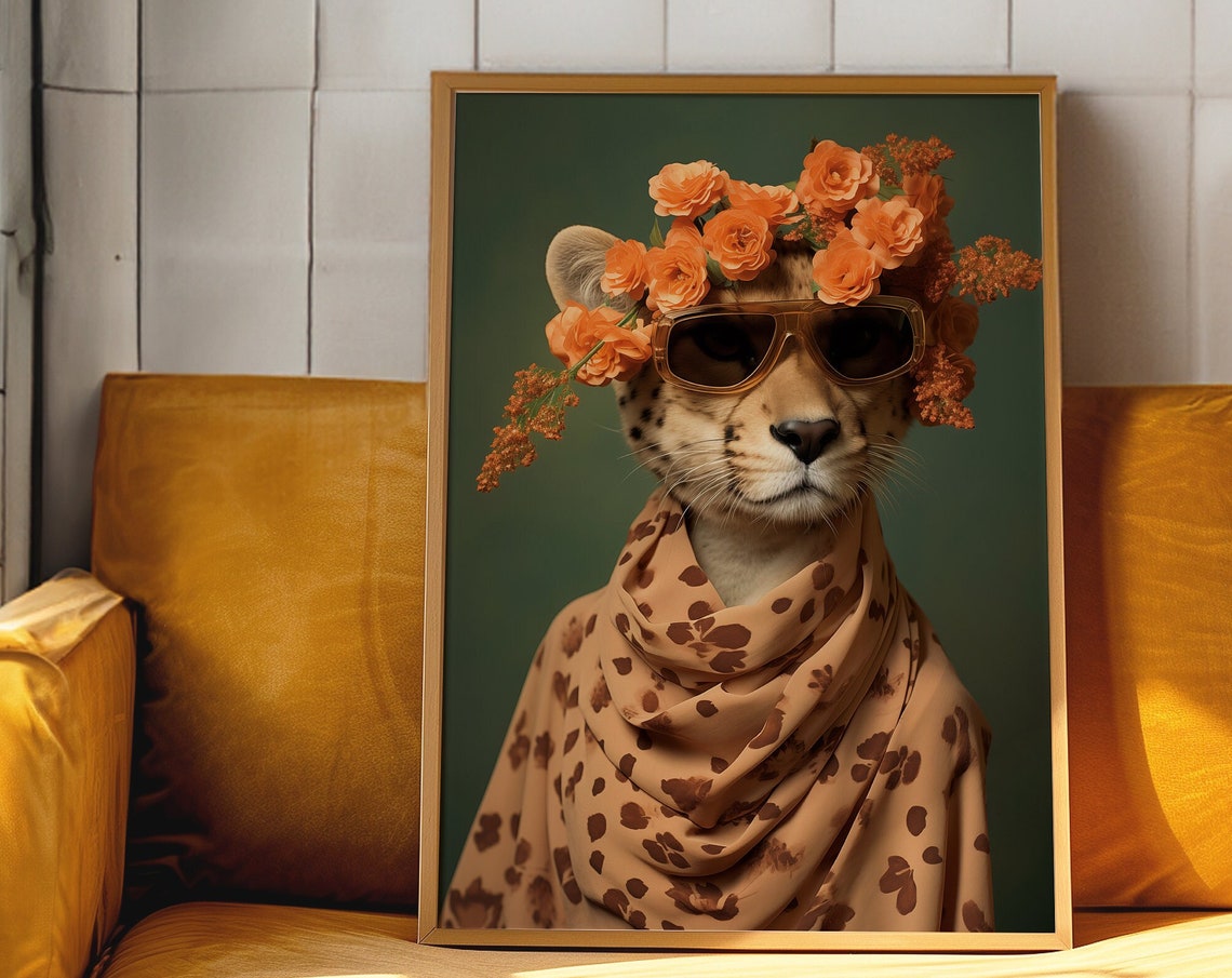 Cool Tiger Sunglasses Flower Crown Kitsch Retro Animal Poster
