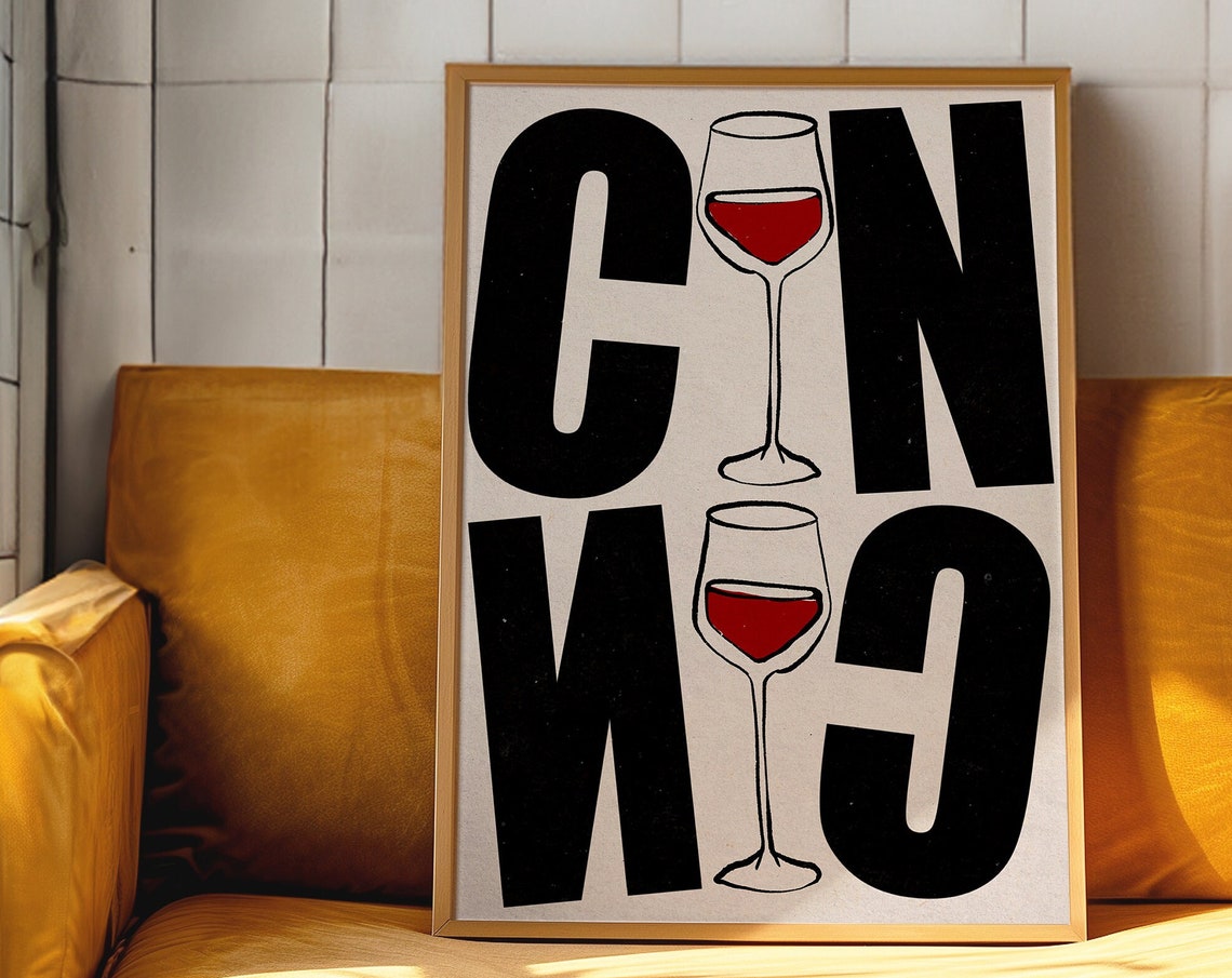 Cin Cin Wine Glass Typography Kitchen Poster, Retro 70s Bar Art