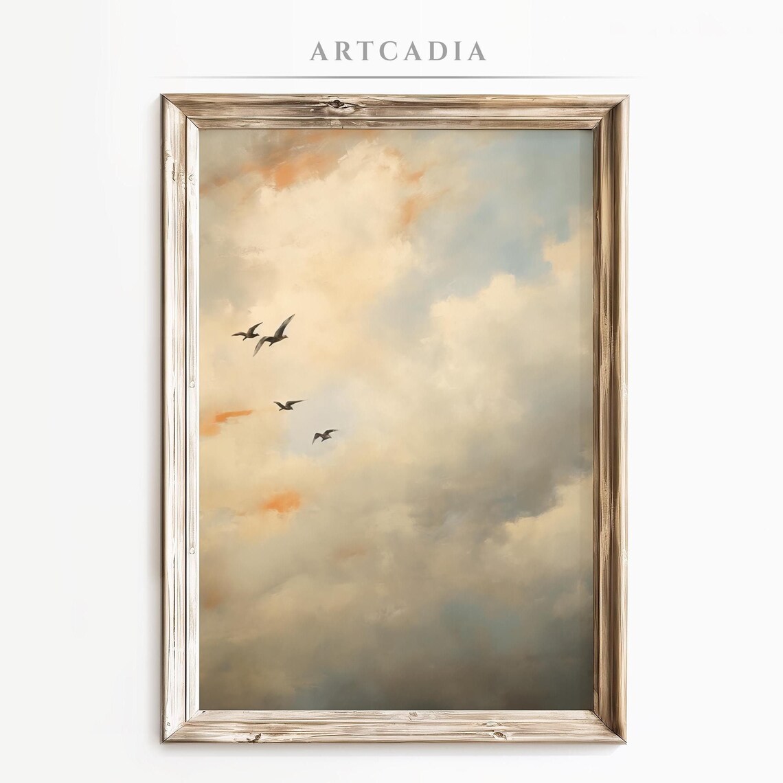 Flock of Birds Soaring Through a Soft Cloudy Sky Painting Poster