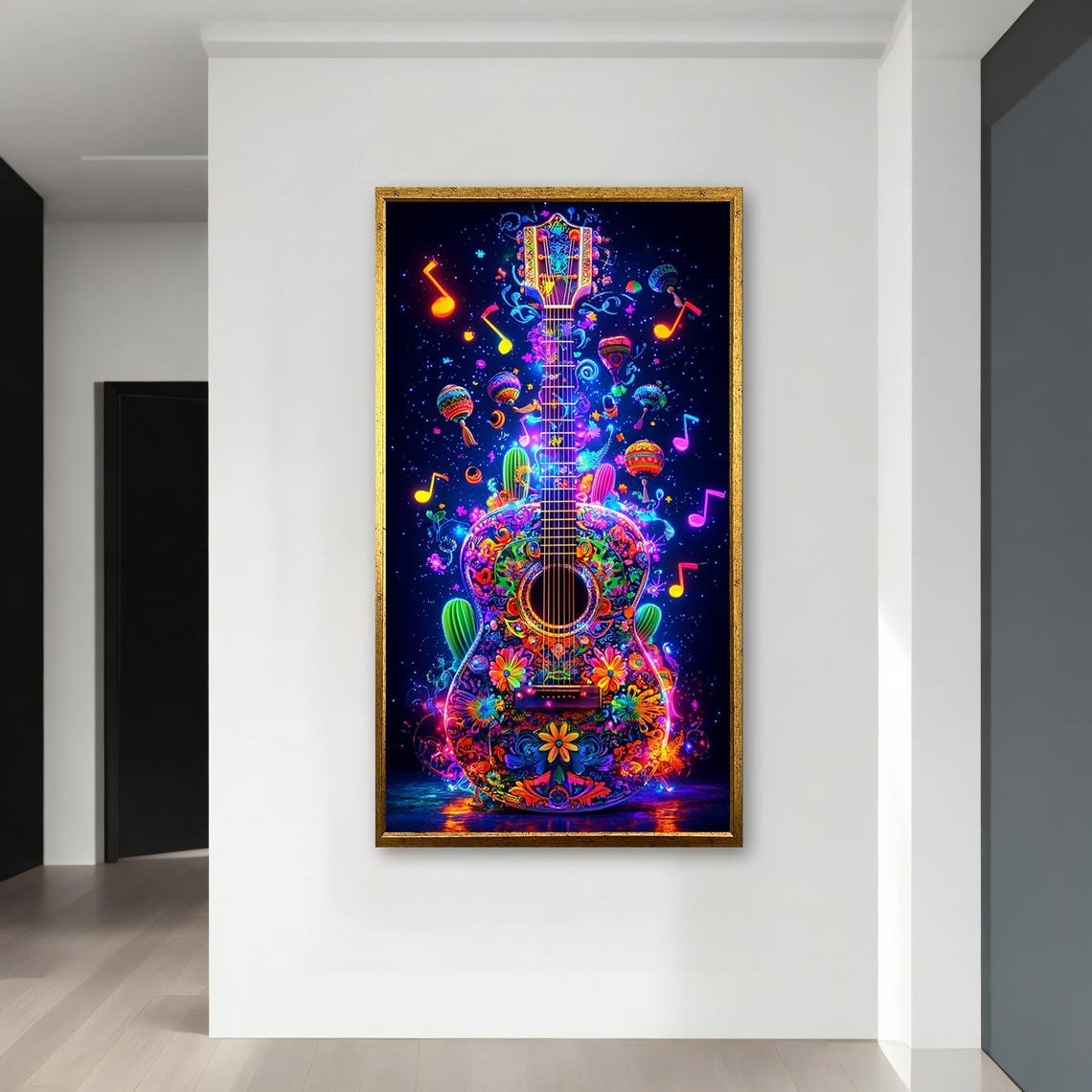 Neon Floral Guitar Mexican Style Colorful Musical Notes Vibrant Poster - Image 4