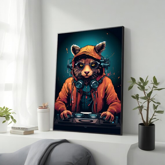 Cat DJ In Hoodie With Headphones Mixing Decks Funny Music Art Poster