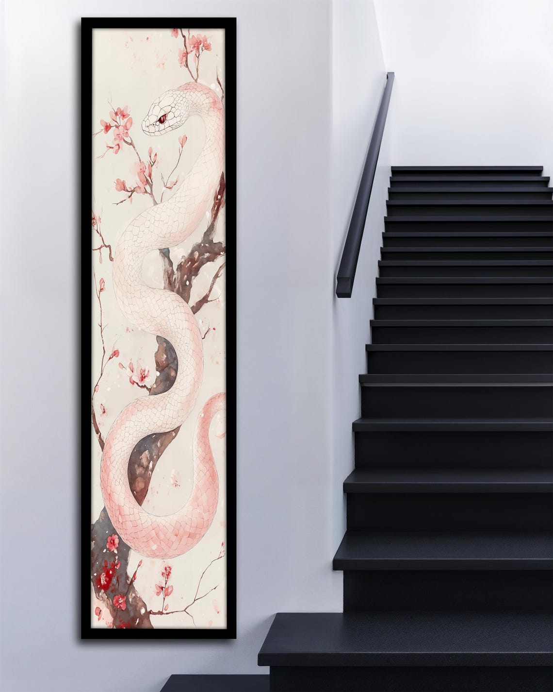 White Snake Cherry Blossom Japanese Style Vertical Wall Art Poster - Image 3