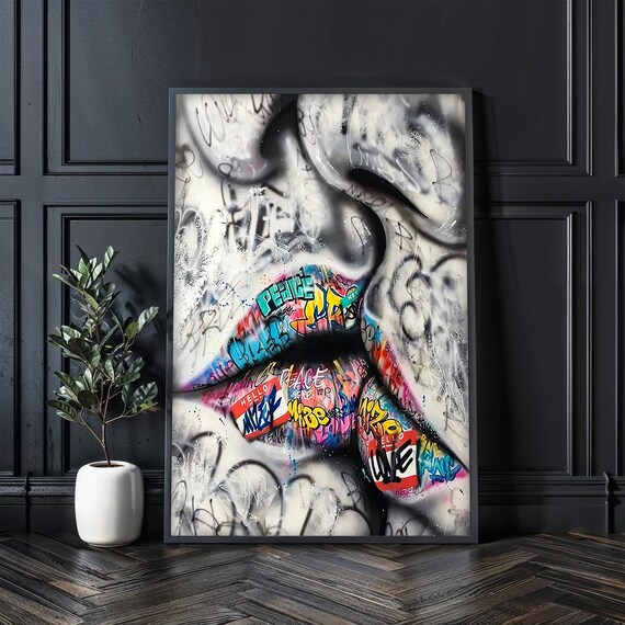 Vibrant Graffiti Lips Painting Street Style Wall Decor Ready To Hang Urban Wall Art Colorful Pop Art Gift Gift Idea