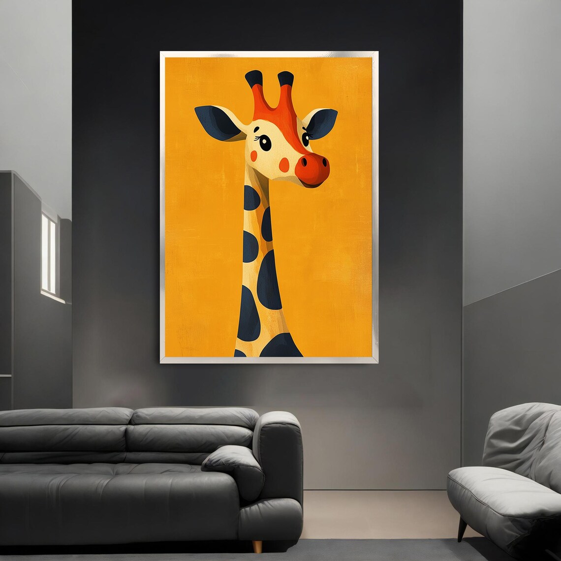 Playful Cartoon Giraffe Mustard Yellow Background Kids Room Wall Art Poster - Image 3
