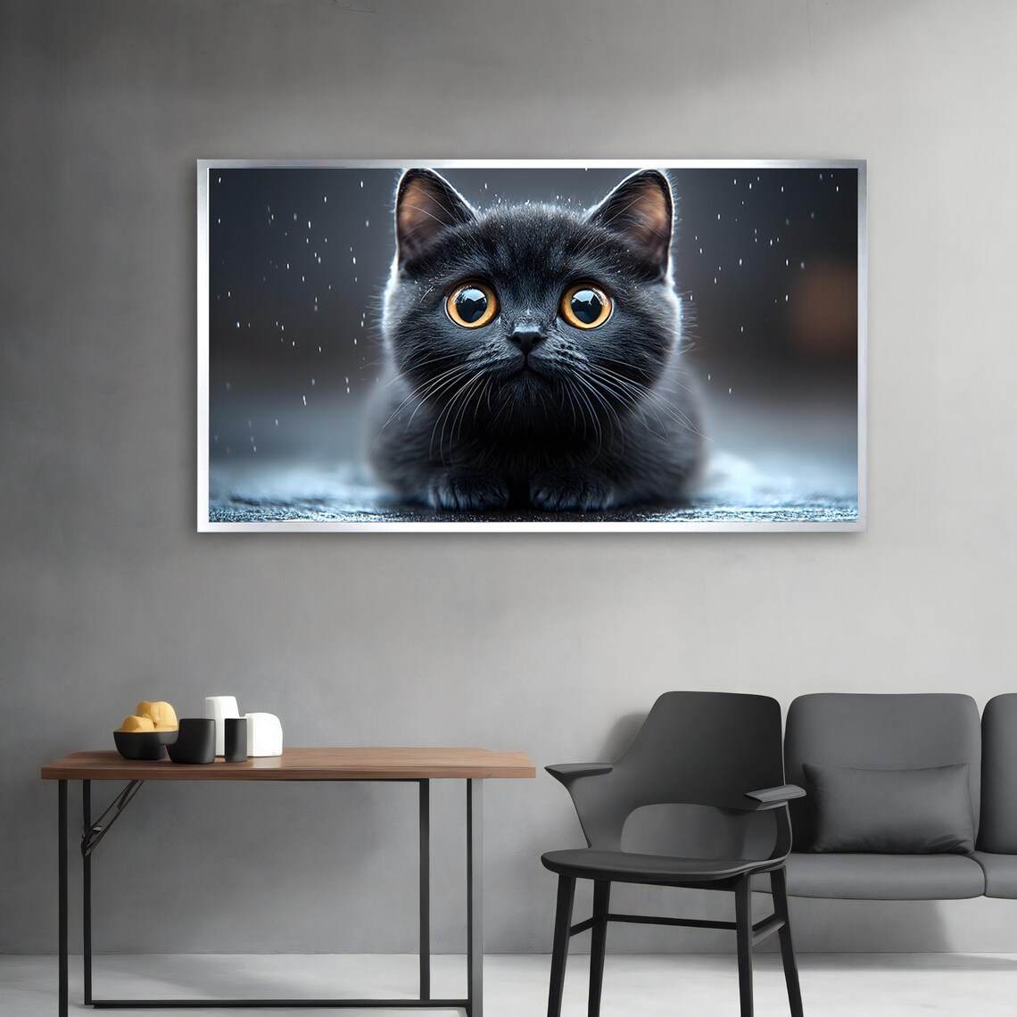 Black Kitten Amber Eyes Rain Moody Close-Up Animal Portrait Poster - Image 3