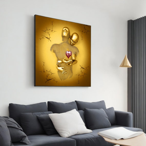 Golden Embrace Print Heartfelt And Futuristic Design Striking Metallic Figures Unique And Emotional Wall Decor Gift Idea