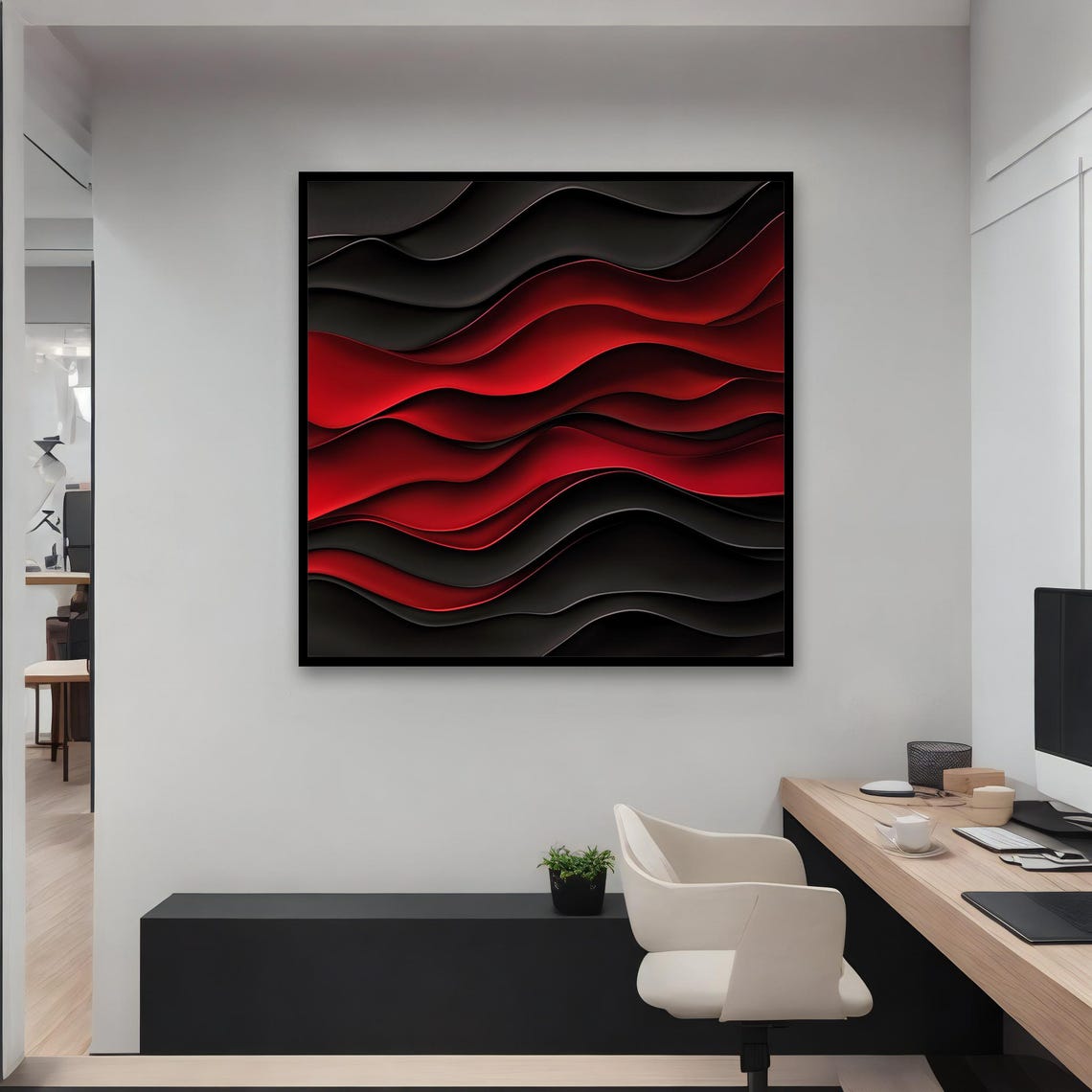 Black And Red Layered Waves 3D Effect Modern Abstract Wall Art - Image 3