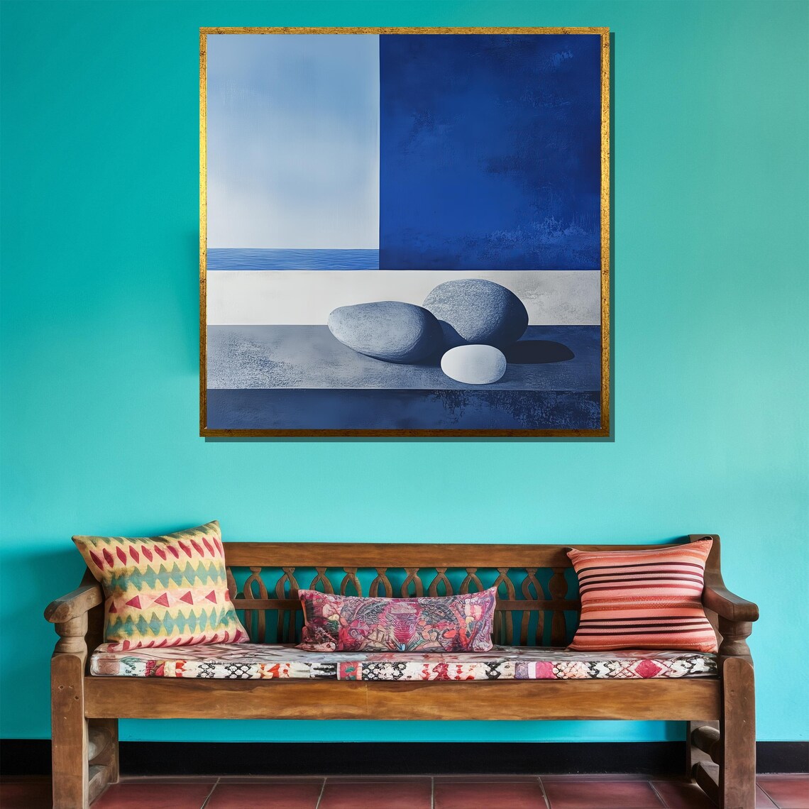 Minimalist Zen Stones Blue Sea Beach Abstract Serene Art Print - Image 5