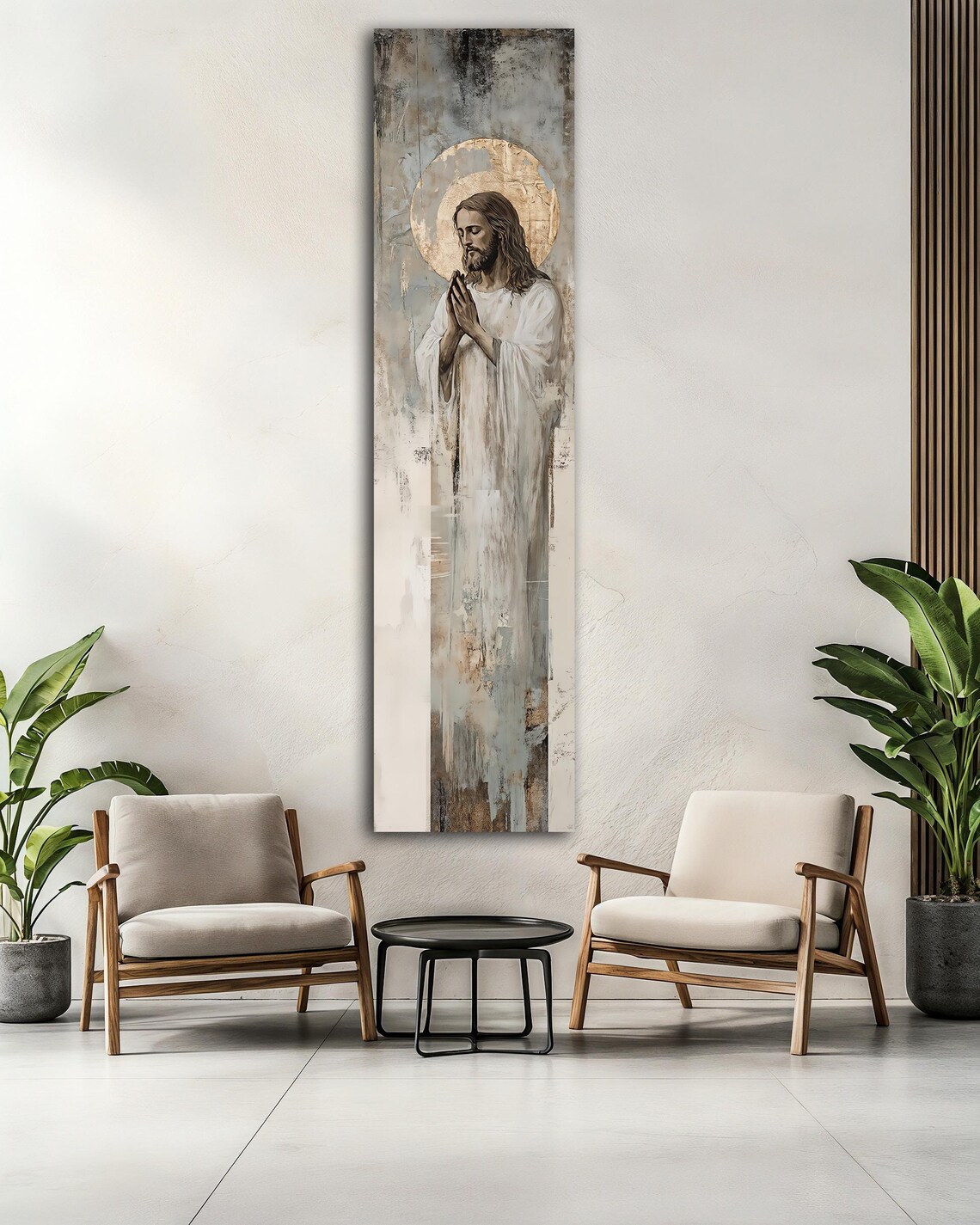 Jesus Christ Praying Golden Halo Elegant Religious Vertical Art Poster - Image 2