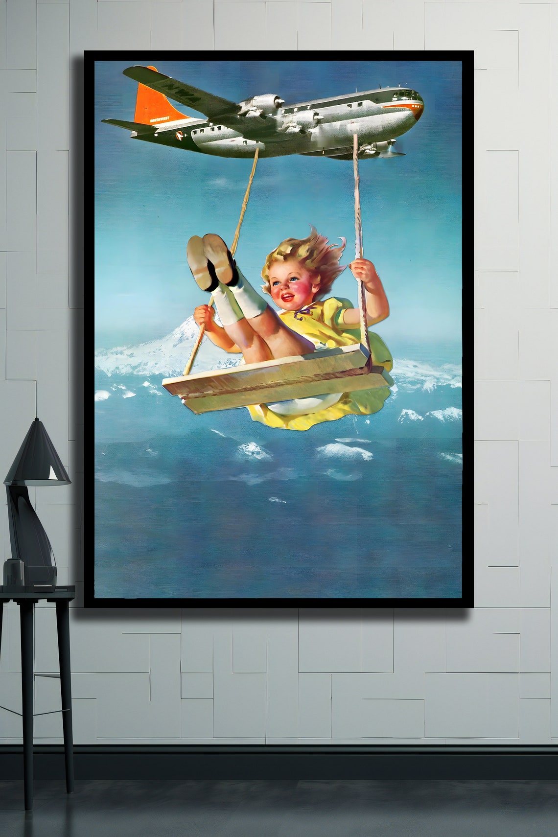 Surreal Child Swing Flying Airplane Whimsical Vintage Sky Art Poster - Image 2