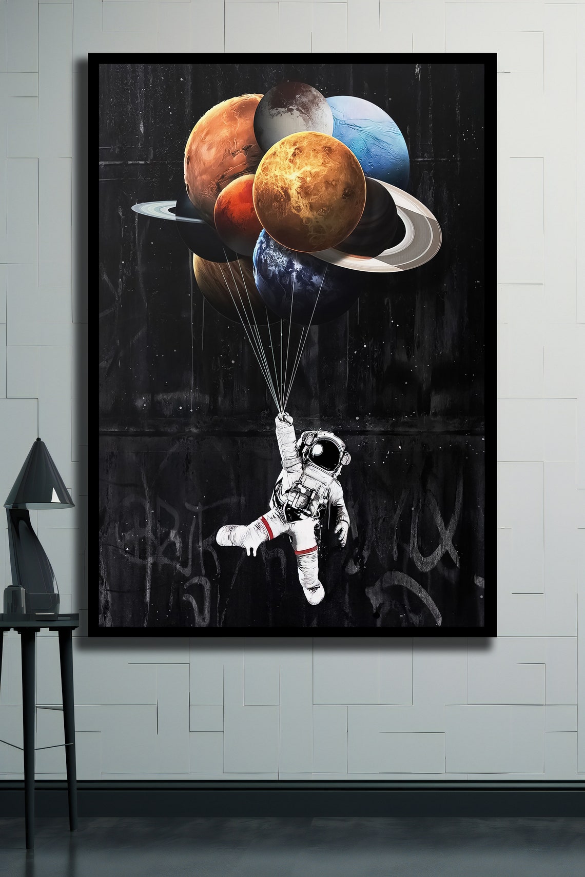 Astronaut Floating With Planet Balloons Surreal Space Art Poster - Image 2