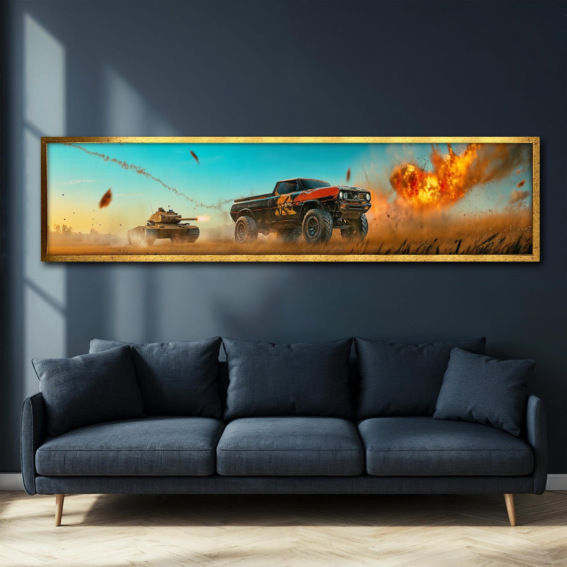 Racing Truck Tank Explosion Panoramic Action Scene Wall Poster
