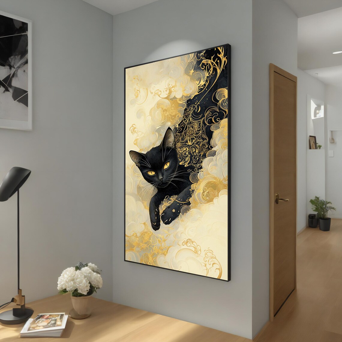 Black Cat Emerging from Golden Clouds Mystical Feline Art Poster