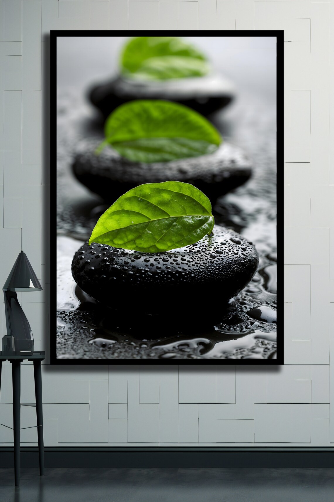 Zen Spa Stones Black Pebbles Green Leaves Calm Meditation Photo Poster - Image 2